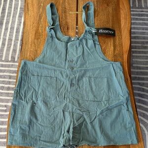 NWT Women's Teal Button-Up Short Overalls with Adjustable Tie Straps